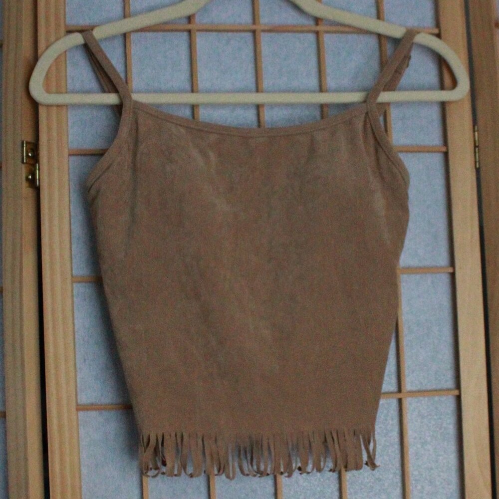 Unknown Brand Fringe Accent Faux Suede Crop Tank Top